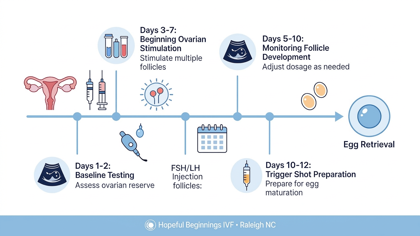 Horizontal timeline illustrating key phases of IVF ovarian stimulation—baseline testing (Days 1-2), follicle stimulation (Days 3-7), monitoring (Days 5-10), trigger shot (Days 10-12), and egg retrieval—for fertility patients at Hopeful Beginnings IVF in Raleigh, NC.