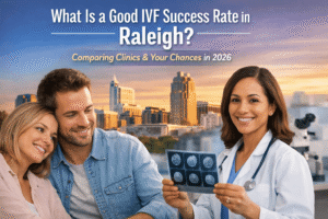 Couple consulting with fertility doctor in Raleigh discussing IVF success rates with city skyline background, representing IVF treatment in 2026.