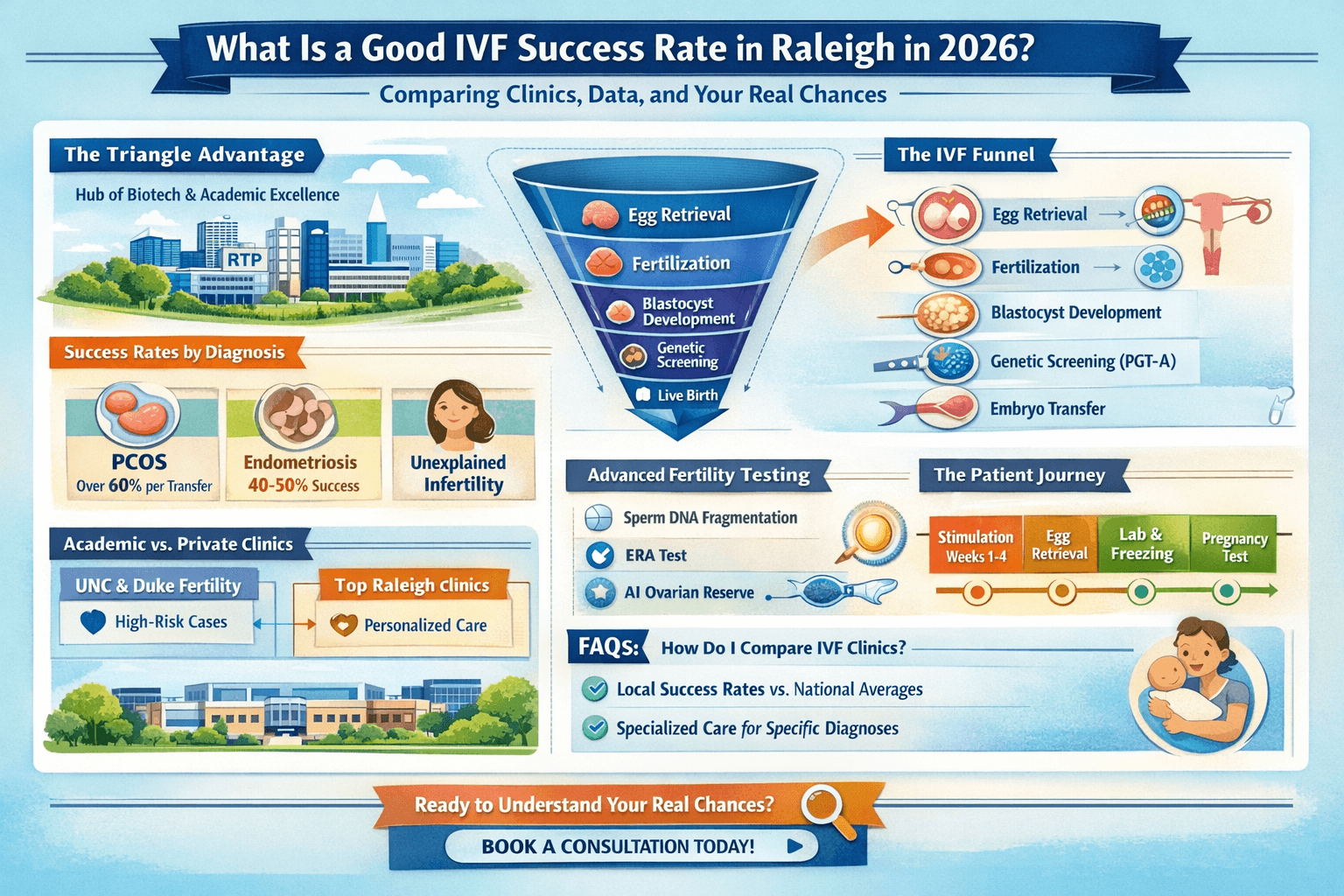Infographic explaining IVF success rates in Raleigh in 2026, including IVF funnel stages, success rates by diagnosis, clinic comparisons, advanced fertility testing, and patient journey timeline.