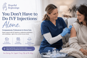 Nurse providing an in-home IVF injection to a smiling patient on a couch in a bright, comfortable home setting