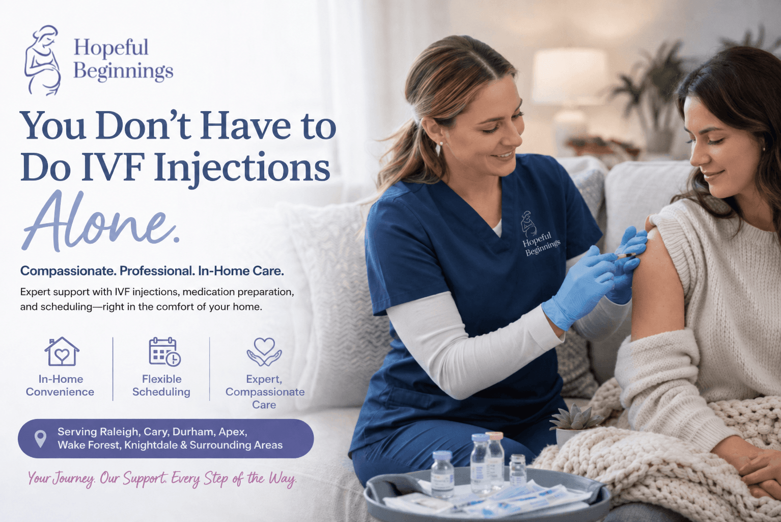 Nurse providing an in-home IVF injection to a smiling patient on a couch in a bright, comfortable home setting