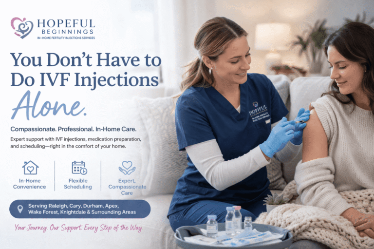 Nurse providing an in-home IVF injection to a smiling patient on a couch in a bright, comfortable home setting