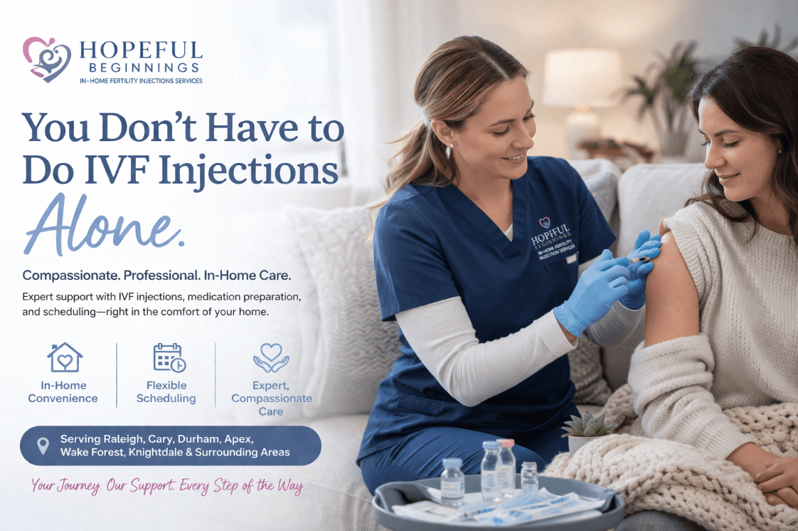 Nurse providing an in-home IVF injection to a smiling patient on a couch in a bright, comfortable home setting