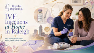Hopeful Beginnings banner showing a fertility nurse guiding a patient with IVF injections at home in Raleigh, with medication, timing, and local Triangle fertility support visuals.