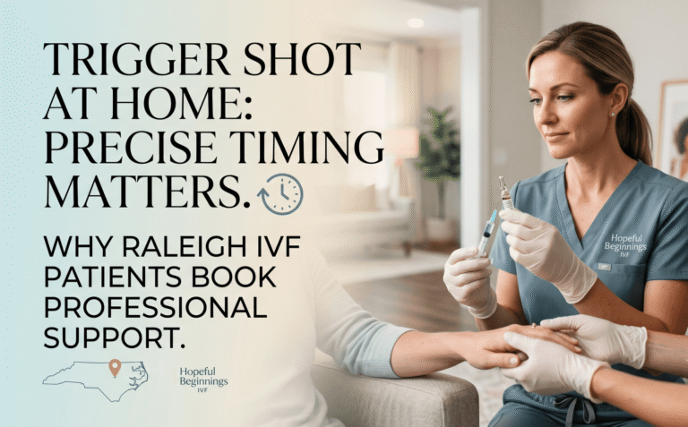 A medical professional precisely preparing an IVF trigger shot injection next to a digital clock showing an exact time countdown in a warm, comforting home environment