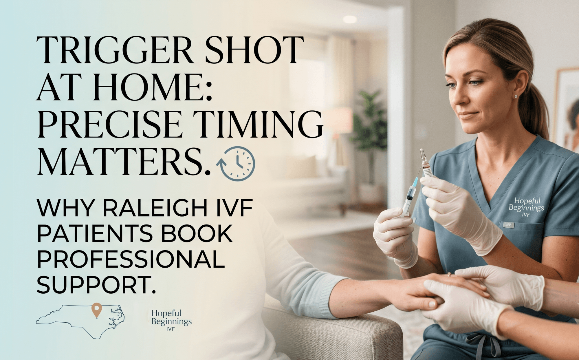 A medical professional precisely preparing an IVF trigger shot injection next to a digital clock showing an exact time countdown in a warm, comforting home environment