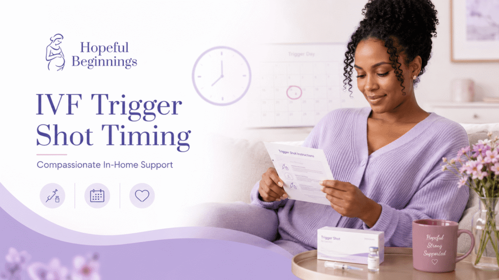 Black woman reviewing IVF trigger shot instructions with fertility medication at home