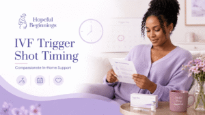 Black woman reviewing IVF trigger shot instructions with fertility medication at home