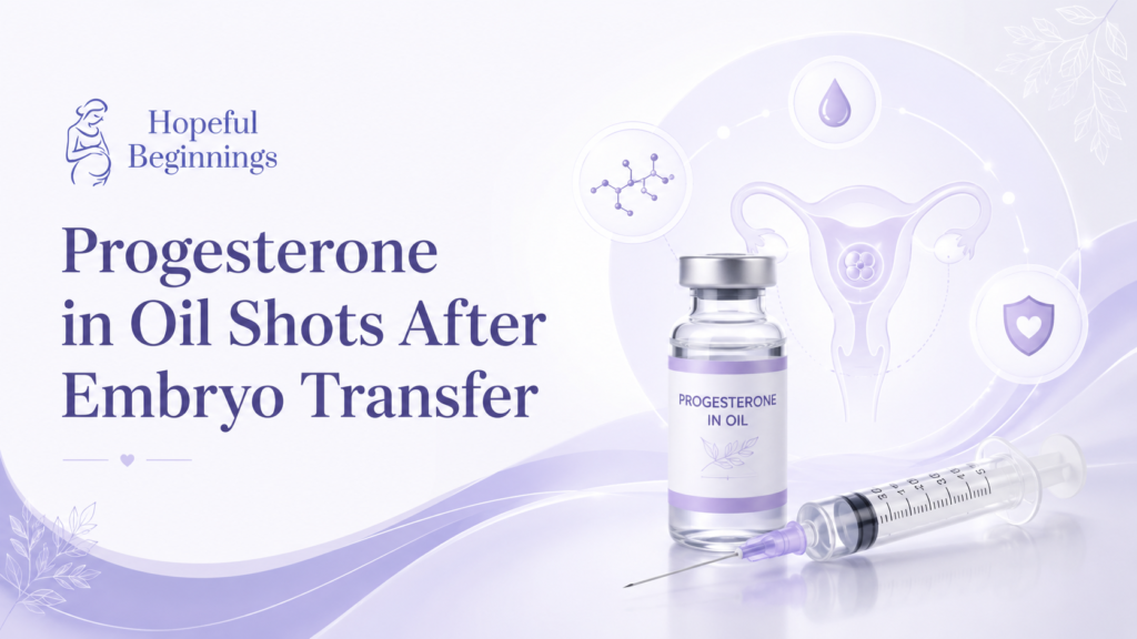 Progesterone in oil medication vial and syringe with fertility support graphics for embryo transfer
