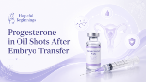 Progesterone in oil medication vial and syringe with fertility support graphics for embryo transfer