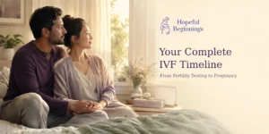 Hopeful couple reviewing their IVF journey at home for a complete IVF timeline guide from fertility testing to pregnancy.