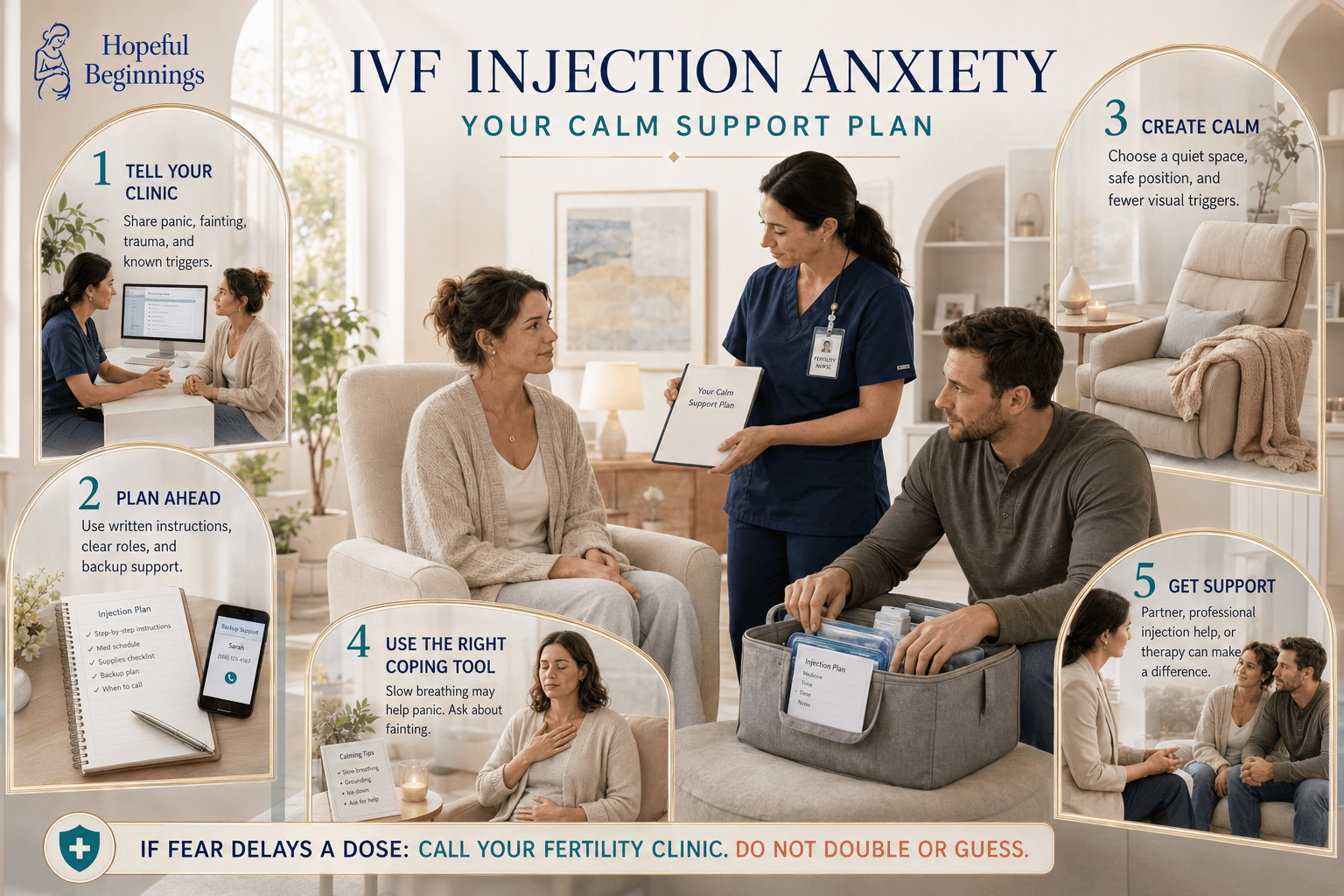 Infographic showing five ways to manage IVF injection anxiety, including clinic communication, planning, calming techniques, coping tools, and professional support.