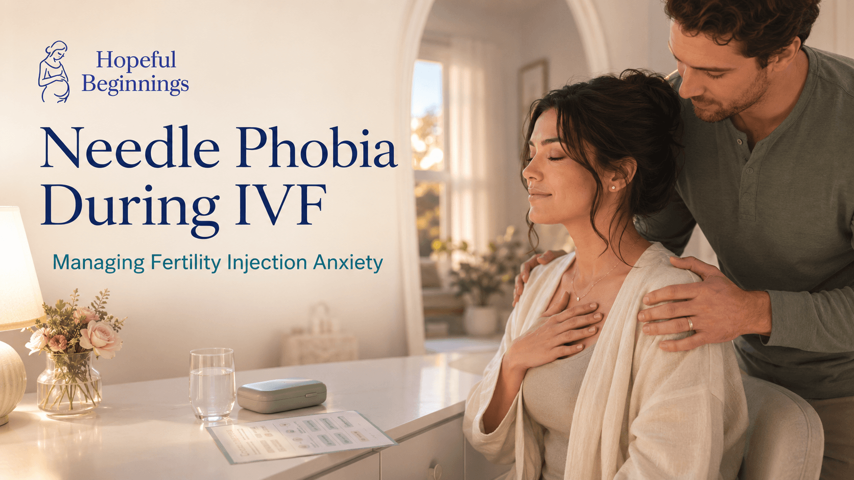 Woman receiving partner support while managing needle phobia and IVF injection anxiety at home.