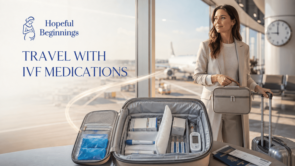 Woman traveling with IVF medications in a temperature-controlled carry-on case at an airport.