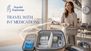 Woman traveling with IVF medications in a temperature-controlled carry-on case at an airport.