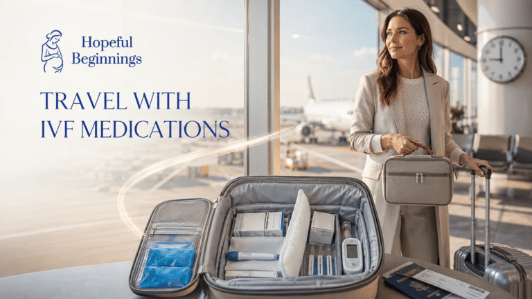 Woman traveling with IVF medications in a temperature-controlled carry-on case at an airport.