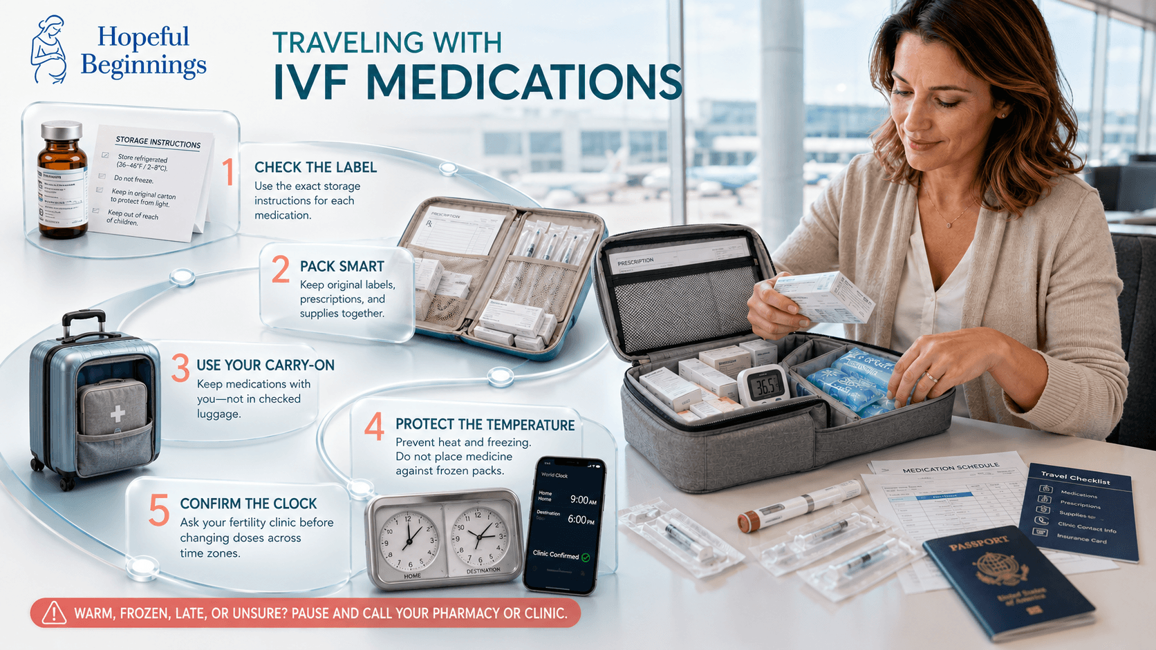 Infographic explaining how to travel with IVF medications, including storage labels, carry-on packing, temperature protection, and time-zone planning.