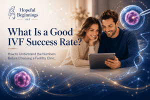 Hopeful Beginnings IVF banner illustrating what is considered a good IVF success rate, featuring a couple reviewing fertility treatment information with advanced embryo and DNA graphics.