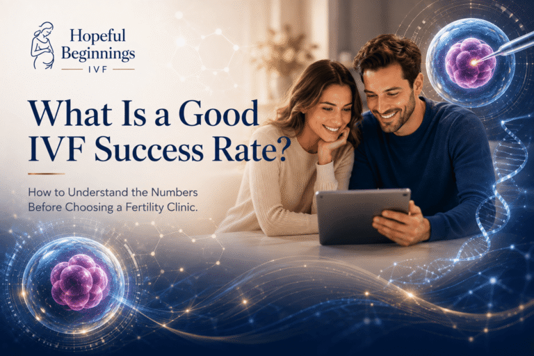 Hopeful Beginnings IVF banner illustrating what is considered a good IVF success rate, featuring a couple reviewing fertility treatment information with advanced embryo and DNA graphics.
