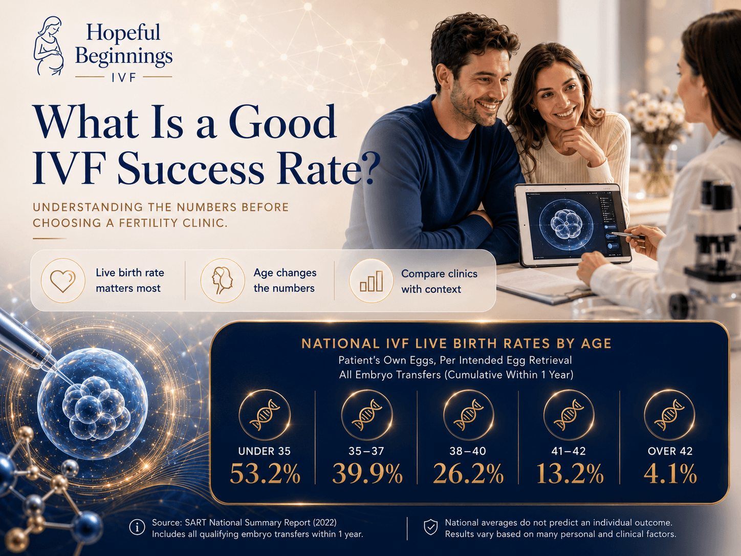 Infographic explaining what is considered a good IVF success rate, including national IVF live birth rates by age, factors that influence IVF success, and how to compare fertility clinics in Raleigh, NC.