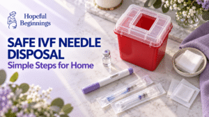 Hopeful Beginnings professional demonstrating safe IVF needle disposal with a patient and a red sharps container at home.