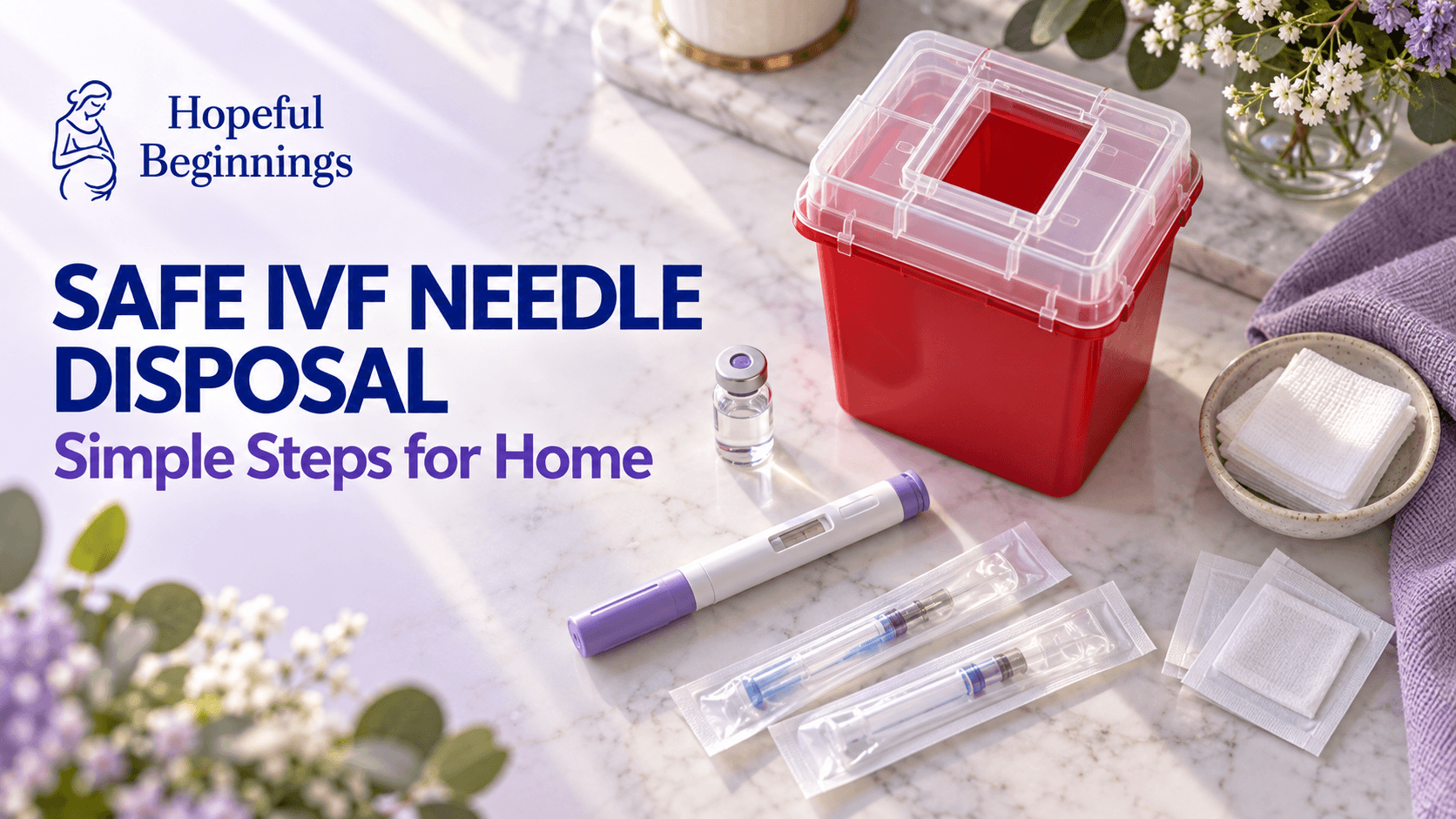 Hopeful Beginnings professional demonstrating safe IVF needle disposal with a patient and a red sharps container at home.