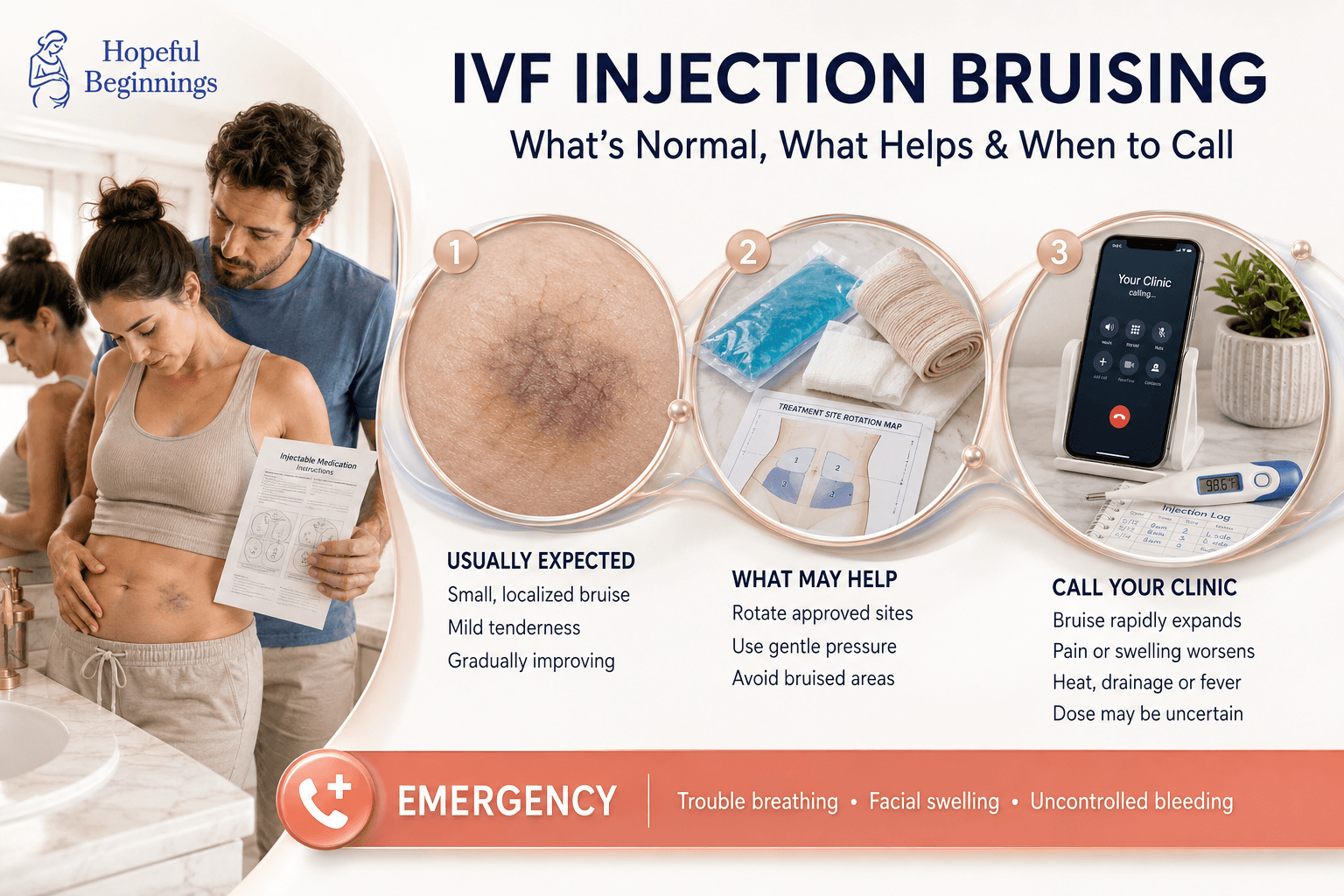 IVF injection bruising infographic showing what is usually expected, what may help, and when to call a fertility clinic