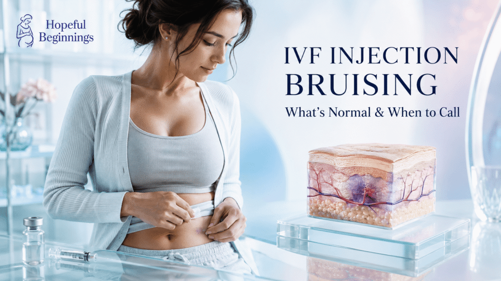 Woman applying gauze to IVF injection bruising beside a realistic 3D skin-layer visualization from Hopeful Beginnings.