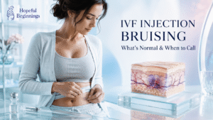 Woman applying gauze to IVF injection bruising beside a realistic 3D skin-layer visualization from Hopeful Beginnings.