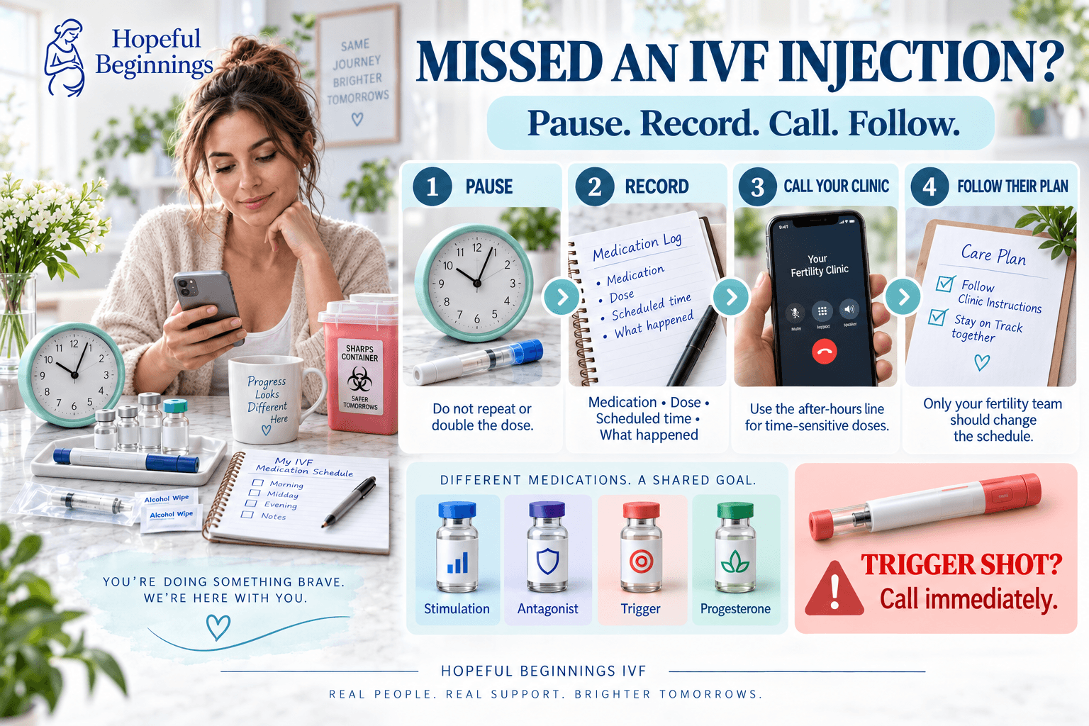 Hopeful Beginnings IVF infographic showing what to do after a missed IVF injection: pause, record the medication details, call the fertility clinic, and report a missed trigger shot immediately.