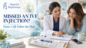 0Hopeful Beginnings IVF banner showing a patient and healthcare professional reviewing a medication schedule after a missed IVF injection.