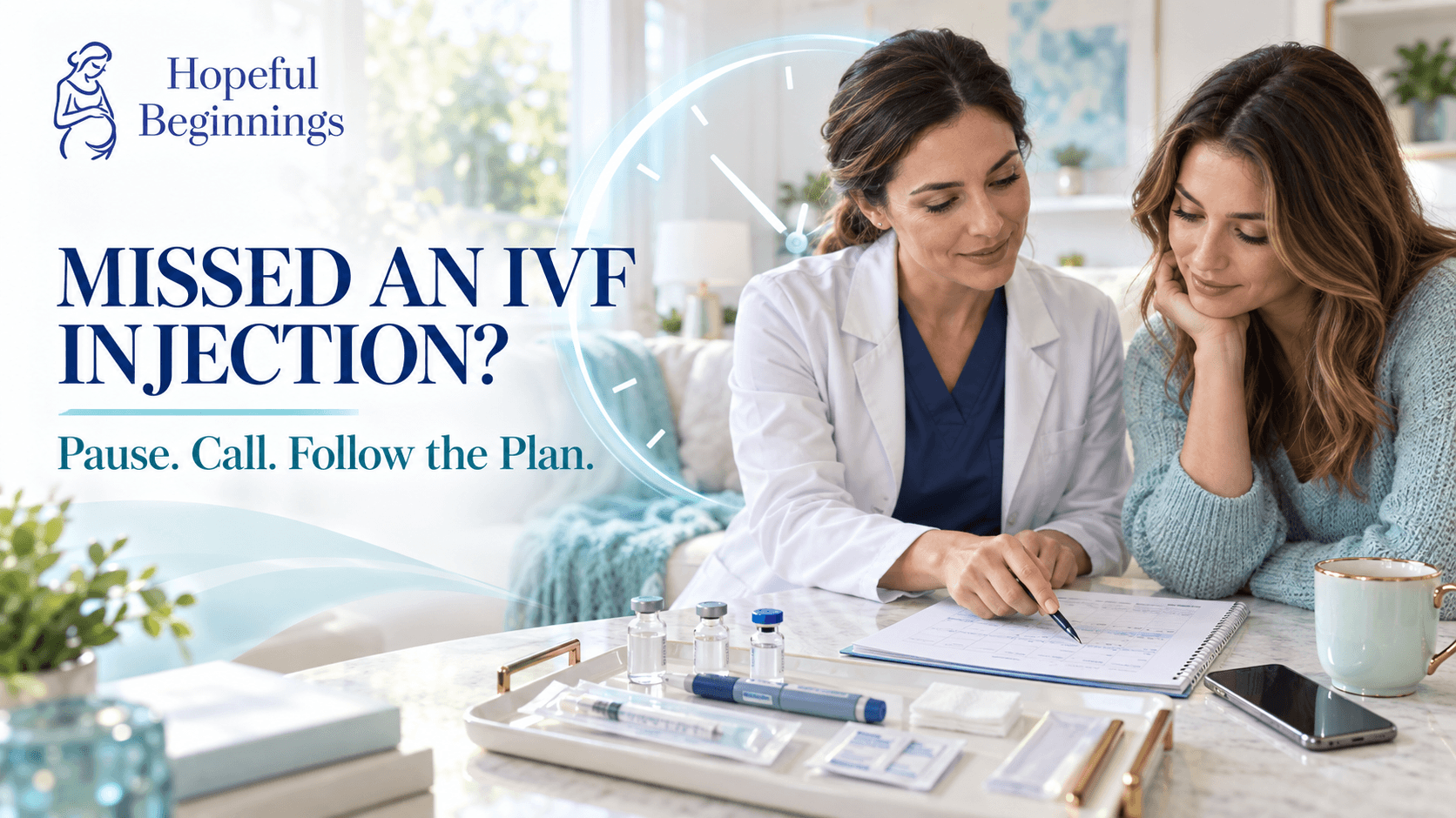 0Hopeful Beginnings IVF banner showing a patient and healthcare professional reviewing a medication schedule after a missed IVF injection.