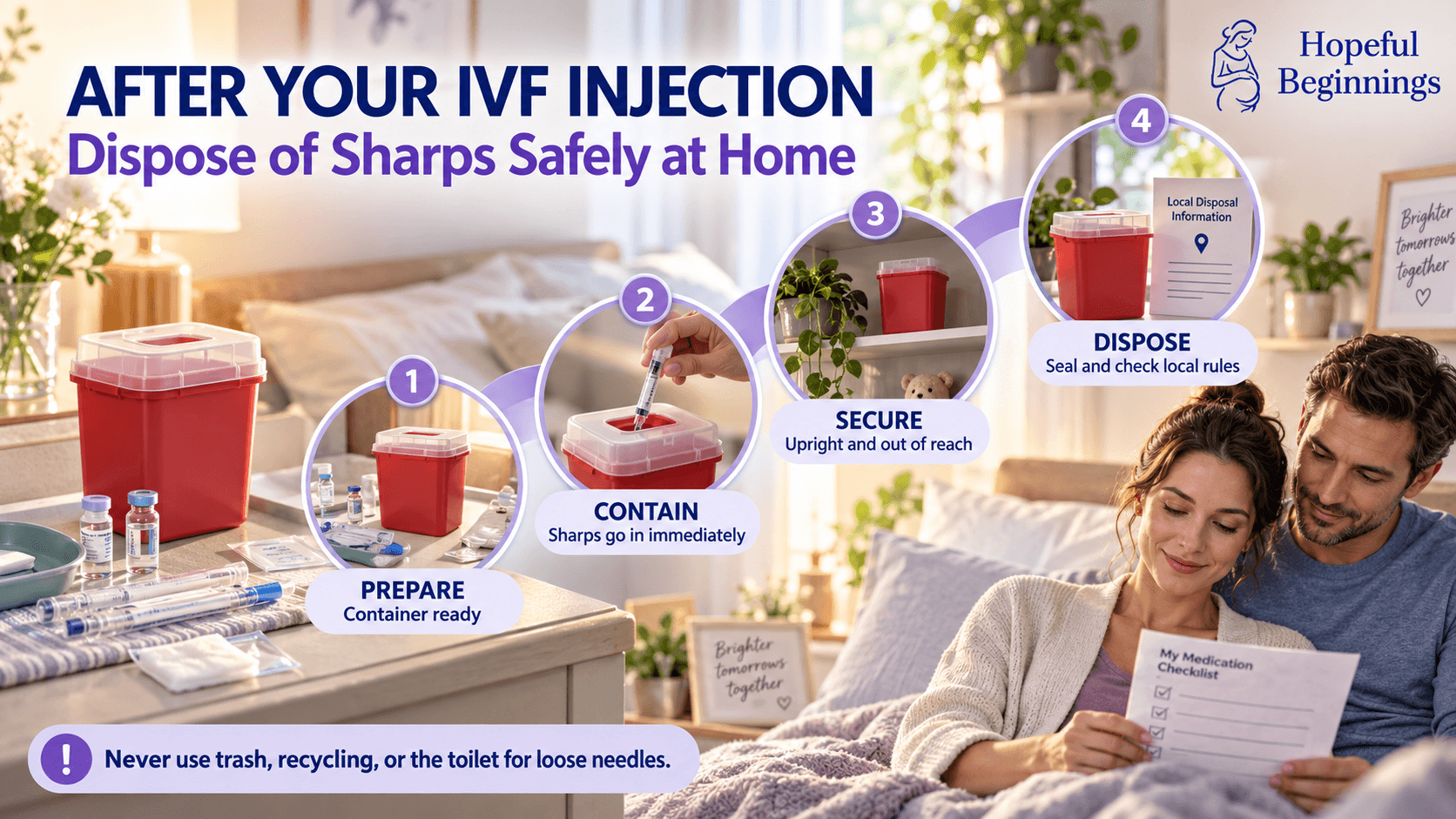Hopeful Beginnings IVF infographic showing four steps for safe IVF needle disposal at home: prepare, contain, secure, and dispose.