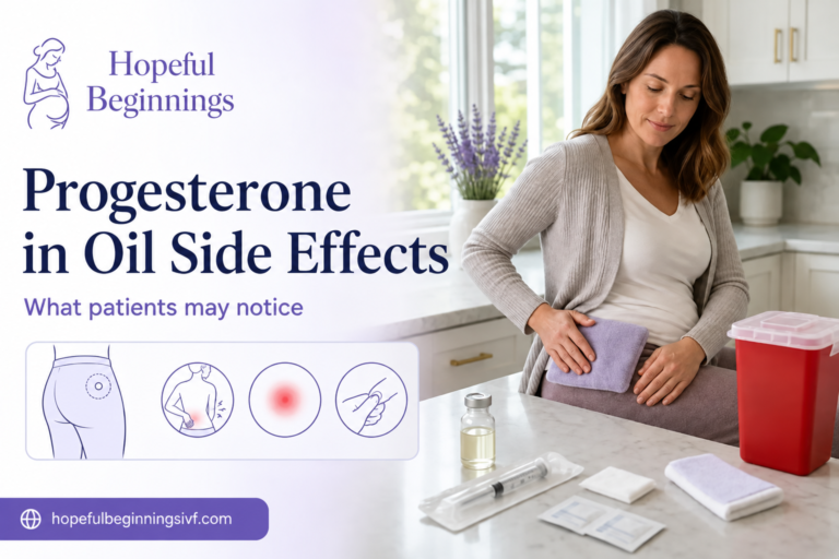progesterone in oil injection setup with a covered hip diagram and patient holding a heat pack