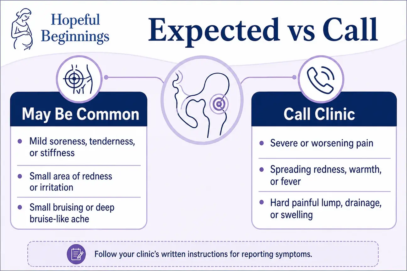Comparison chart of common injection site reactions and symptoms that warrant a clinic call