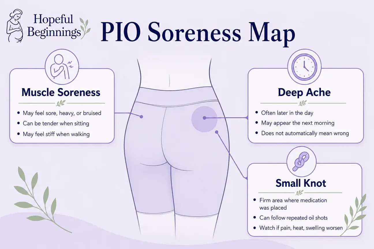 Diagram showing where soreness, aching, or a small knot may occur after a PIO injection